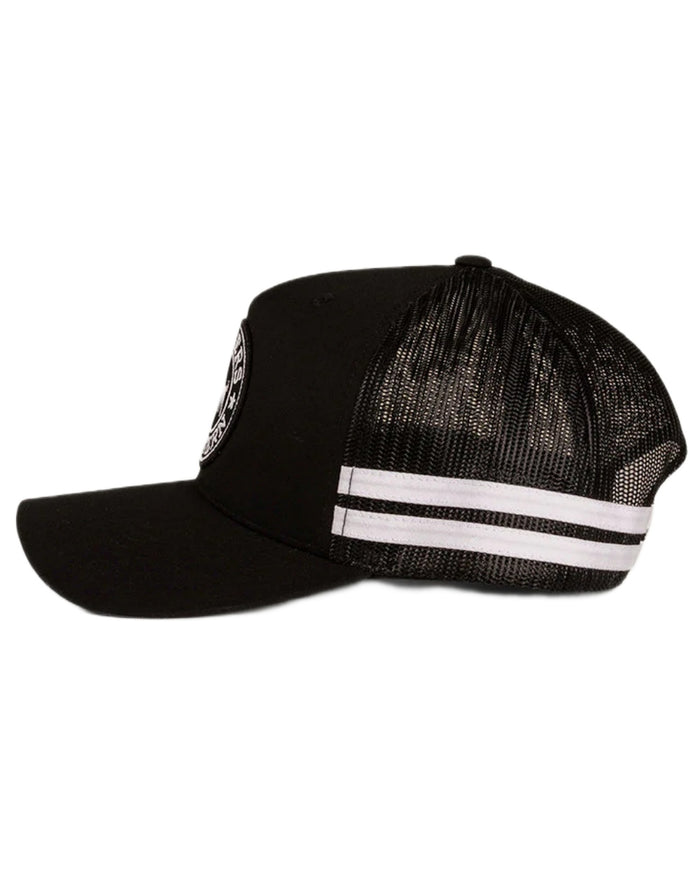 Black coloured Ringers Western McCoy Trucker Cap on white background #colour_black