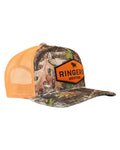 Camo Orange coloured Ringers Western Scotty Trucker Cap on white background #colour_camo-orange