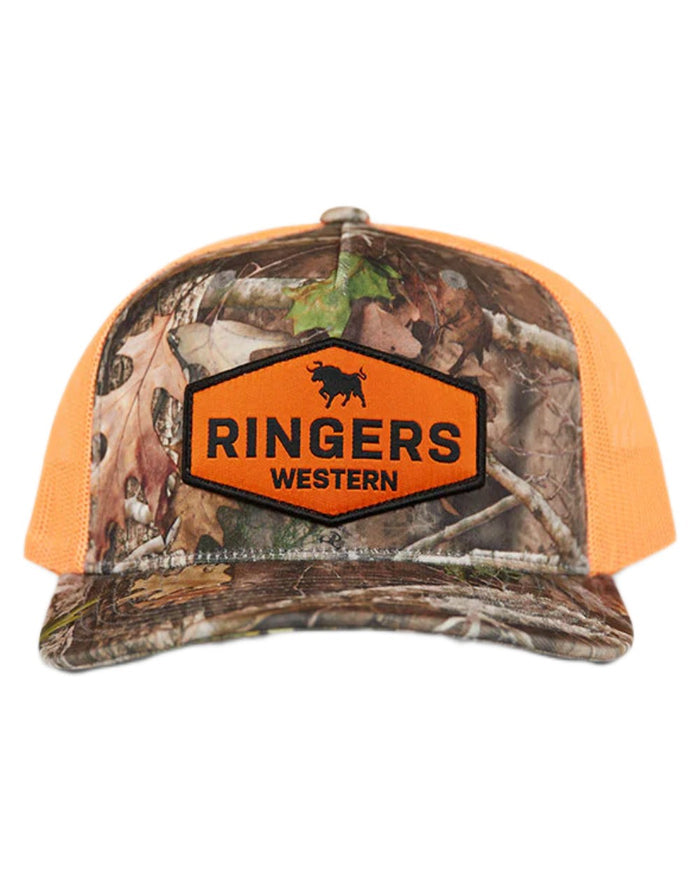 Camo Orange coloured Ringers Western Scotty Trucker Cap on white background #colour_camo-orange