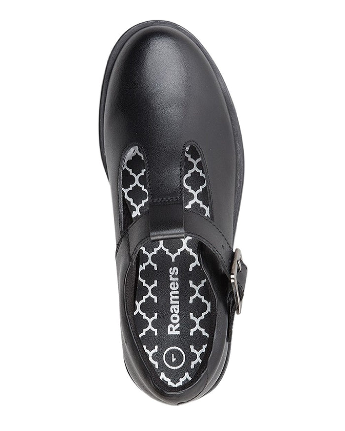 Black Coloured Roamers Childrens T Bar Adjustable Buckle School Shoes on White Background
#colour_black