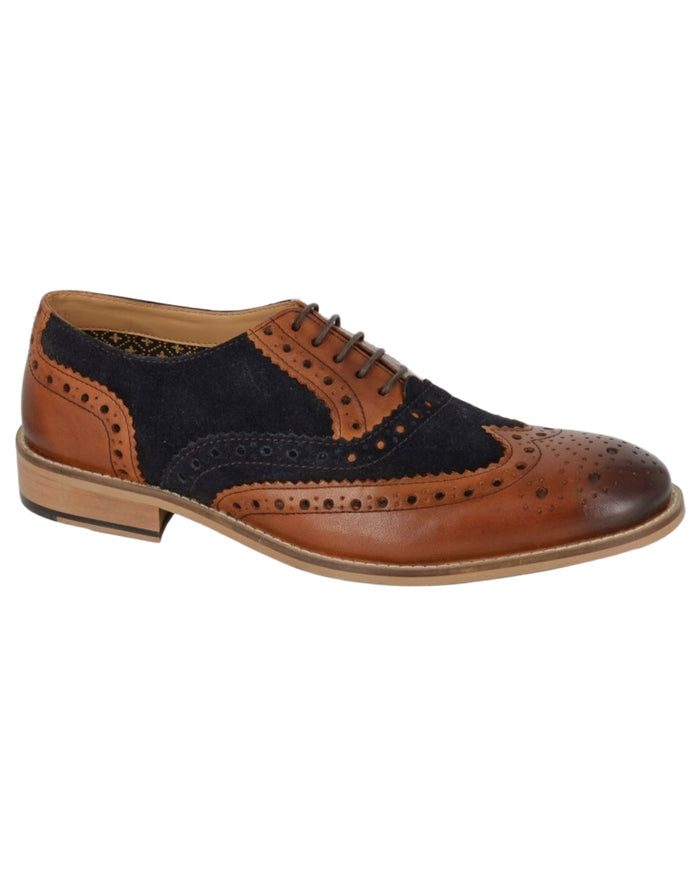 Tan Navy Coloured Roamers Mens  Eyelet Wing Cap Brogue Oxford Shoes on White Background
#colour_tan-navy