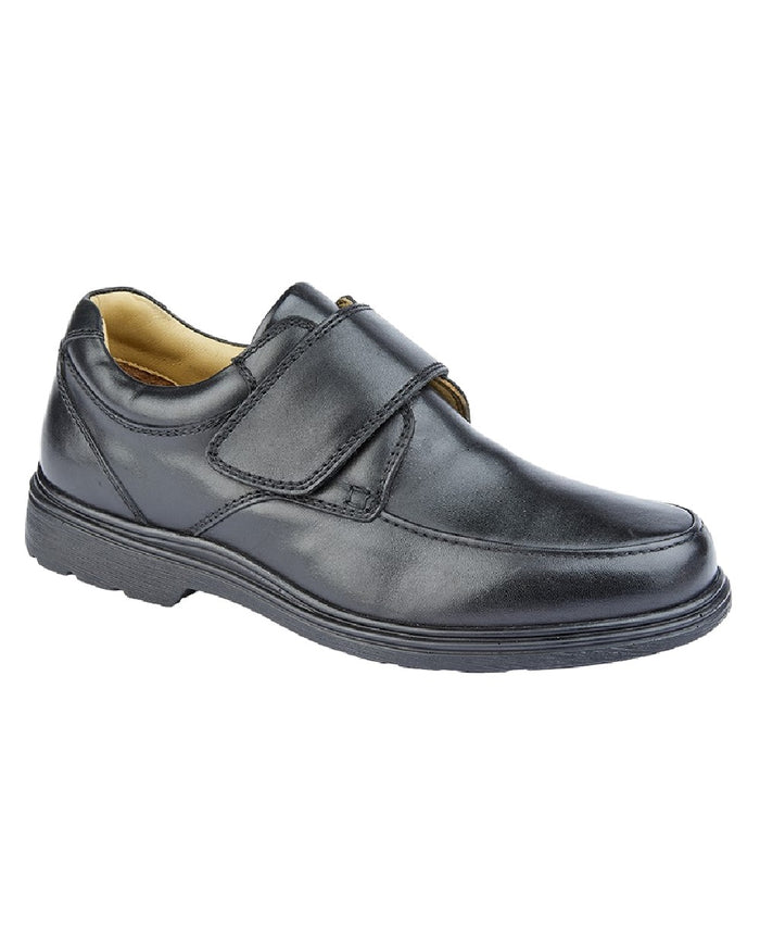Black Coloured Roamers Mens Extra Wide Touch Fastening Leather Shoes on White Background
#colour_black
