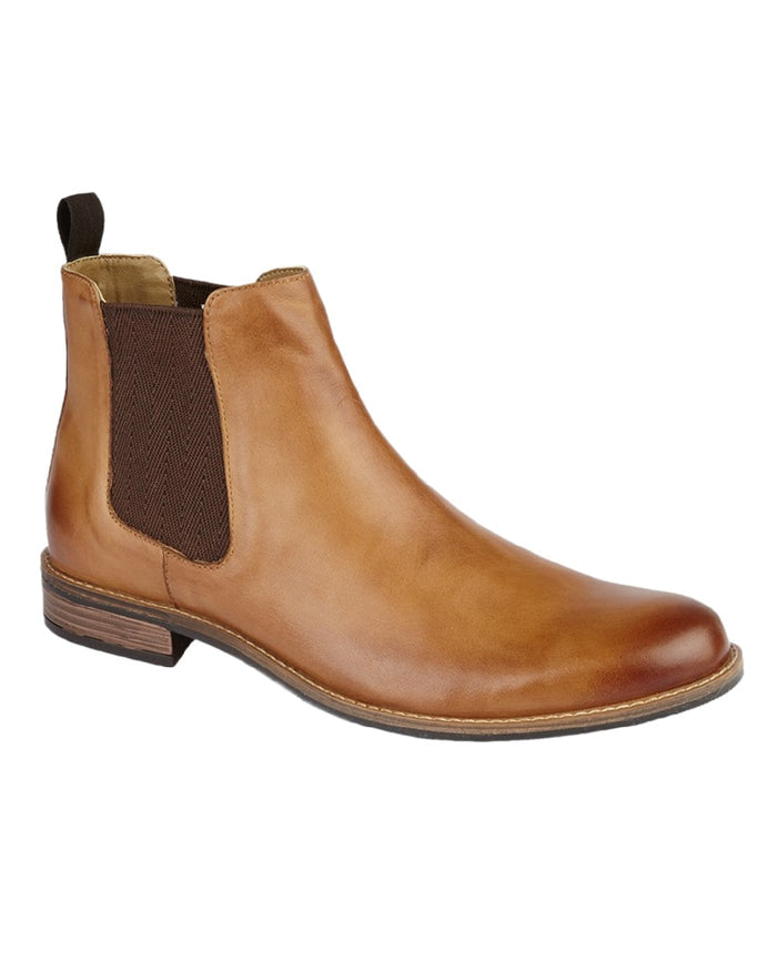 Tan Coloured Roamers Mens Leather Twin Gusset Ankle Boots on White Background
#colour_tan