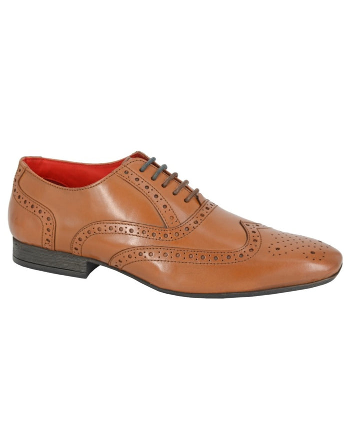 Tan coloured Route 21 Mens 5 Eye Brogue Oxford Shoes on white background #colour_tan