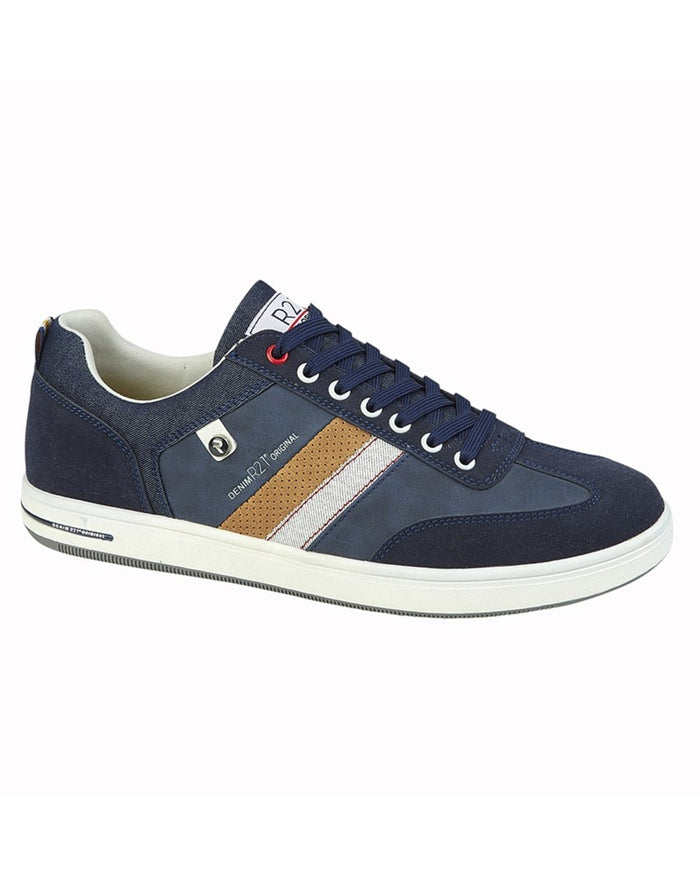 Navy coloured Route 21 Mens 7 Eye Casual Trainers on white background #colour_navy