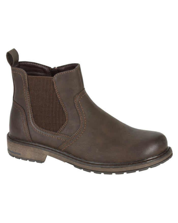 Dark Brown coloured Route 21 Mens Single Gusset Inside Zip Ankle Boots on white background #colour_dark-brown