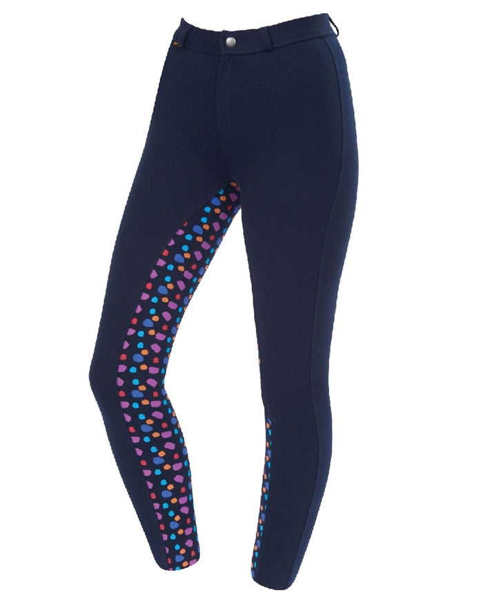 Navy Spot Print coloured Saxon Childrens Warm Up Cotton Euro Seat Jodhpurs II on white background #colour_navy-spot-print