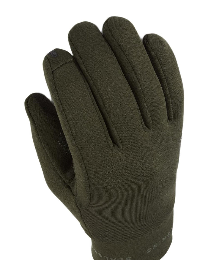 Olive Coloured Sealskinz Acle Water Repellent Nano Fleece Glove on white background #colour_olive