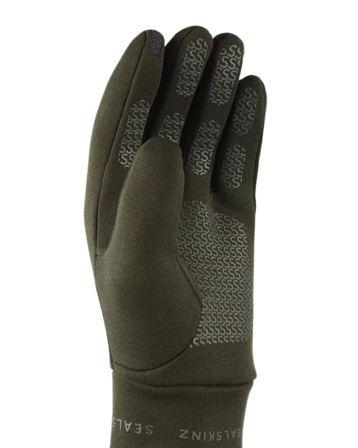 Olive Coloured Sealskinz Acle Water Repellent Nano Fleece Glove on white background #colour_olive