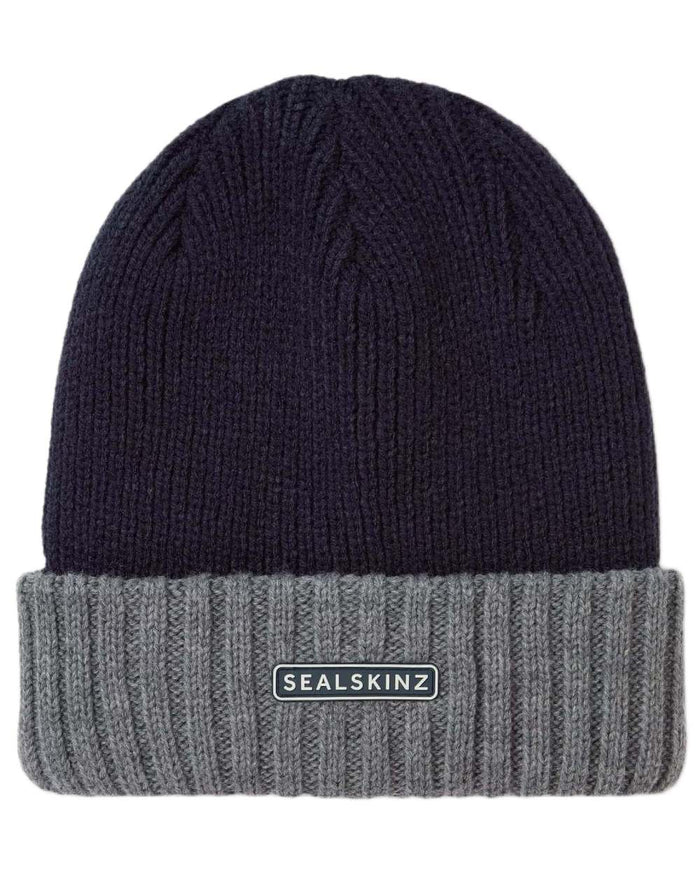 Navy coloured Sealskinz Bacton Waterproof Roll Cuff Beanie on white background #colour_navy