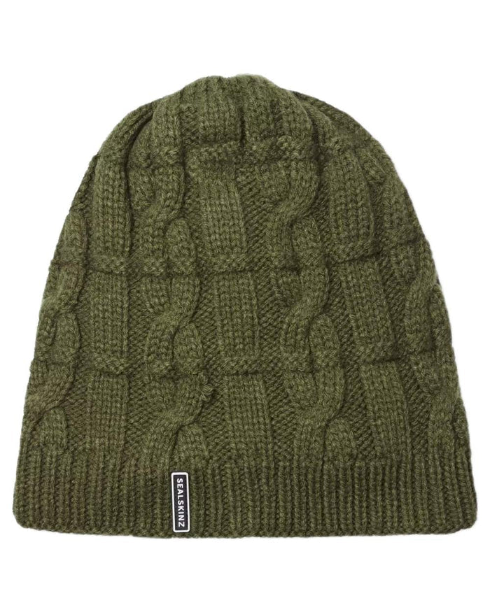 Olive coloured Sealskinz Blakeney Waterproof Cable Knit Beanie on white background #colour_olive