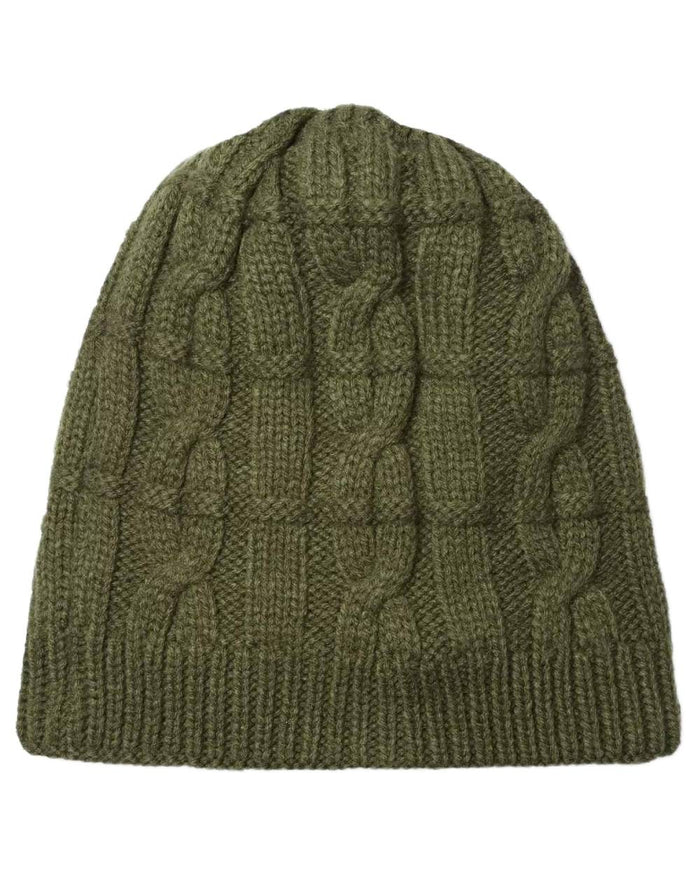 Olive coloured Sealskinz Blakeney Waterproof Cable Knit Beanie on white background #colour_olive