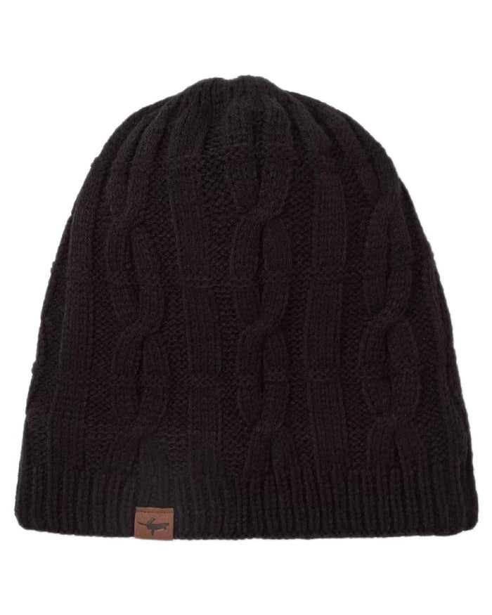 Black coloured Sealskinz Blakeney Waterproof Cable Knit Beanie on white background #colour_black