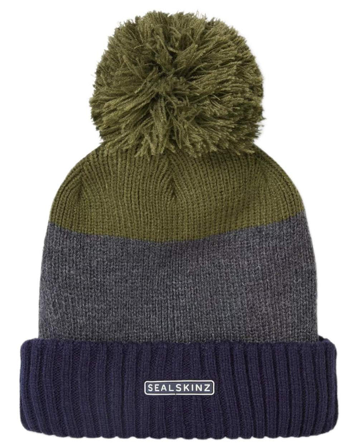 Navy Olive coloured Sealskinz Flitcham Waterproof Cold Weather Bobble Hat on white background #colour_navy-olive