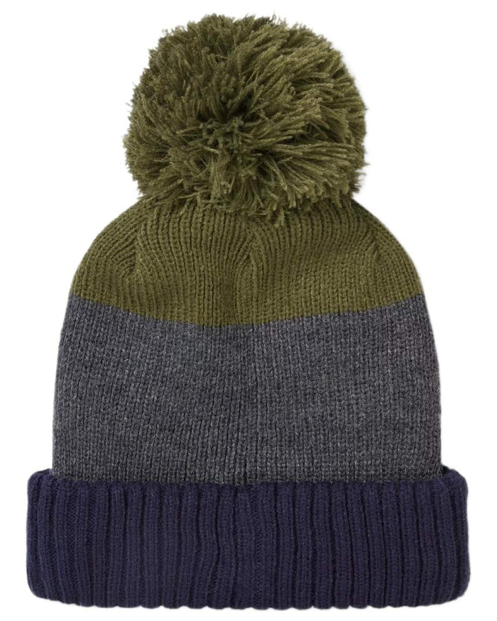 Navy Olive coloured Sealskinz Flitcham Waterproof Cold Weather Bobble Hat on white background #colour_navy-olive