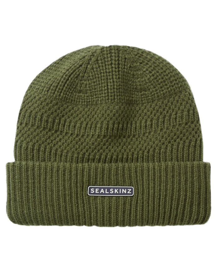 Olive coloured Sealskinz Gressenhall Waterproof Roll Cuff Beanie on white background #colour_olive