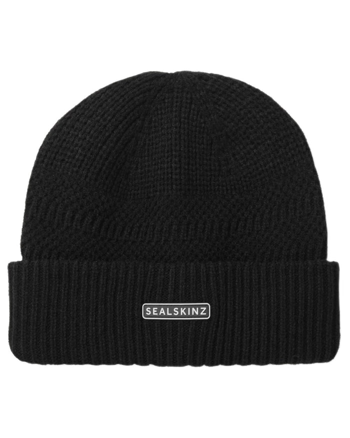 Black coloured Sealskinz Gressenhall Waterproof Roll Cuff Beanie on white background #colour_black