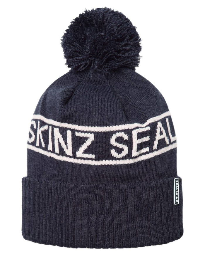 Navy Cream coloured Sealskinz Heacham Waterproof Icon Bobble Hat on white background #colour_navy-cream