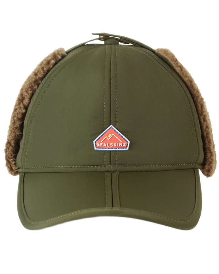Olive coloured Sealskinz Upton Waterproof Extreme Cold Weather Puffer Hat on white background #colour_olive