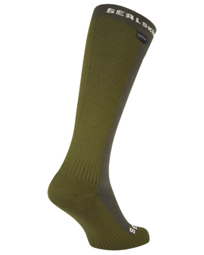 Olive coloured Sealskinz Worstead Waterproof Cold Weather Knee Length Socks on white background #colour_olive