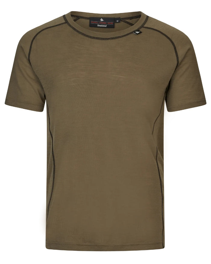 Covert Green Coloured Seeland Mens Apex Merino T-Shirt on white background #colour_covert-green