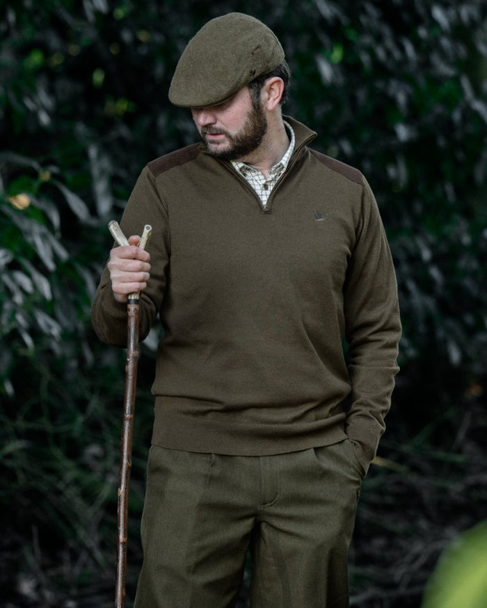 Light Pine coloured Seeland Mens Pine Half Zip Sweater on forest background #colour_light-pine