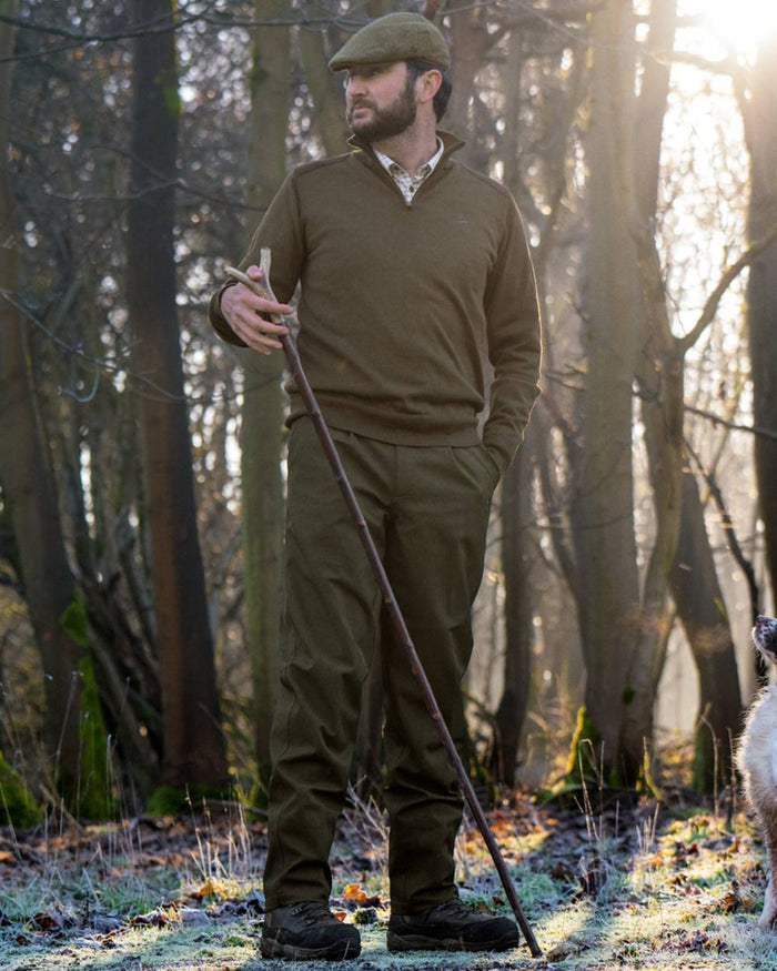 Light Pine coloured Seeland Mens Pine Half Zip Sweater on forest background #colour_light-pine