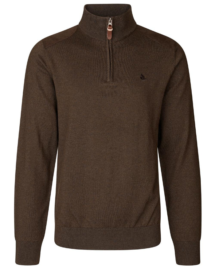 Dark Brown coloured Seeland Mens Pine Half Zip Sweater on white background #colour_dark-brown