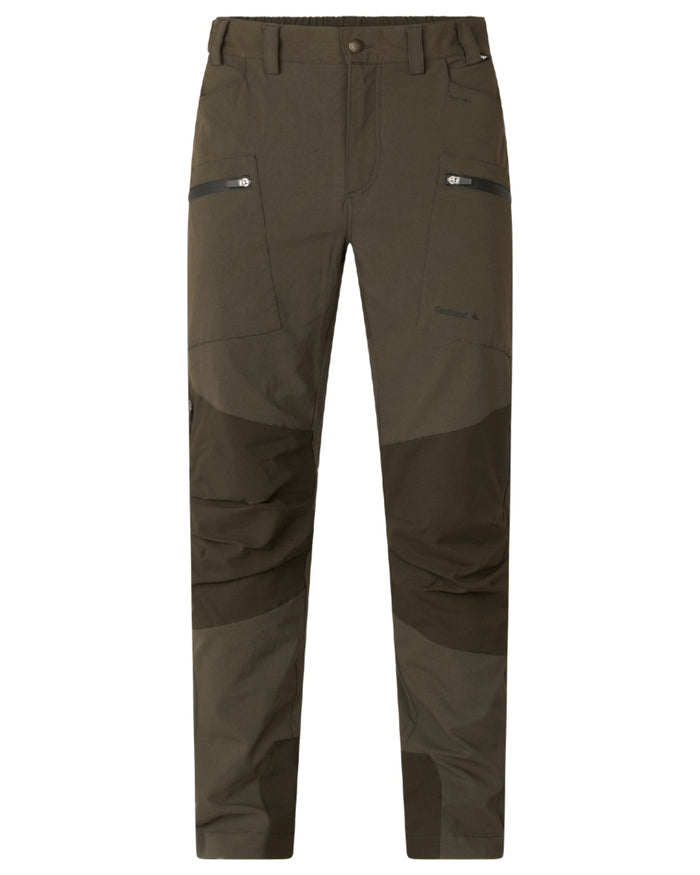 Pine Green Grizzly Brown coloured Seeland Mens Spruce Membrane Trousers on white background #colour_pine-green-grizzly-brown