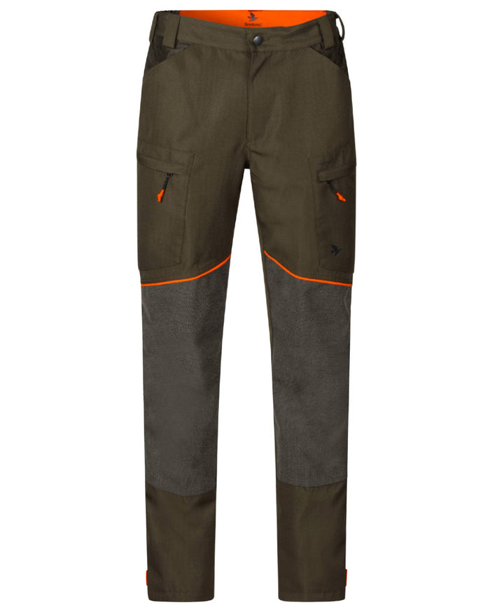 Pine Green Hi-Vis Orange Coloured Seeland Venture Trousers on white background #colour_pine-green-hi-vis-orange