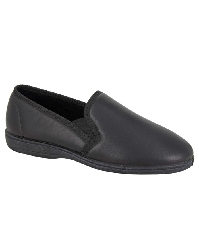 Black coloured Sleepers Mens Hadley Twin Gusset Slippers on white background #colour_black