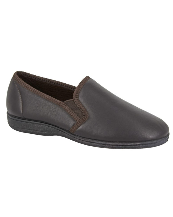 Dark Brown coloured Sleepers Mens Hadley Twin Gusset Slippers on white background #colour_dark-brown