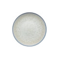 The Song Dinnerware Perle - Agoro plate by Jaune De Chrome features a high-fired porcelain build, subtle speckling, a light beige center, and soft blue-gray rim. Shown from above on white, it adds elegance to any table setting.
