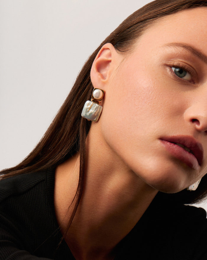 Square Pearl Statement Stud Earrings | 18ct Gold Plated/Pearl Earrings Missoma