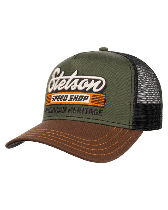 Chestnut Olive coloured Stetson American Heritage Speed Shop Trucker Cap on white background #colour_chestnut-olive