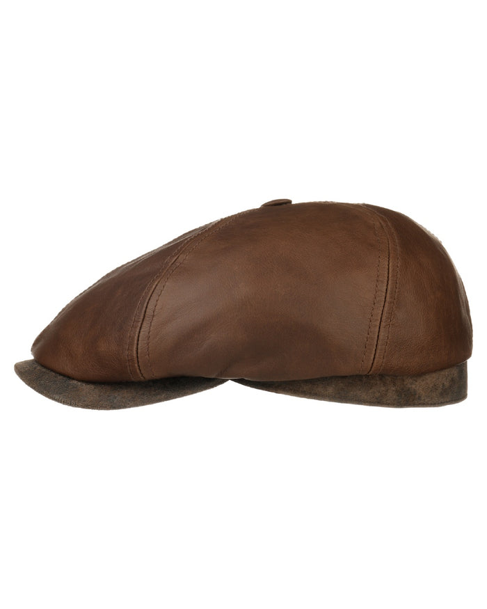 Cognac coloured Stetson Brooklin Leather Flat Cap on white background #colour_cognac