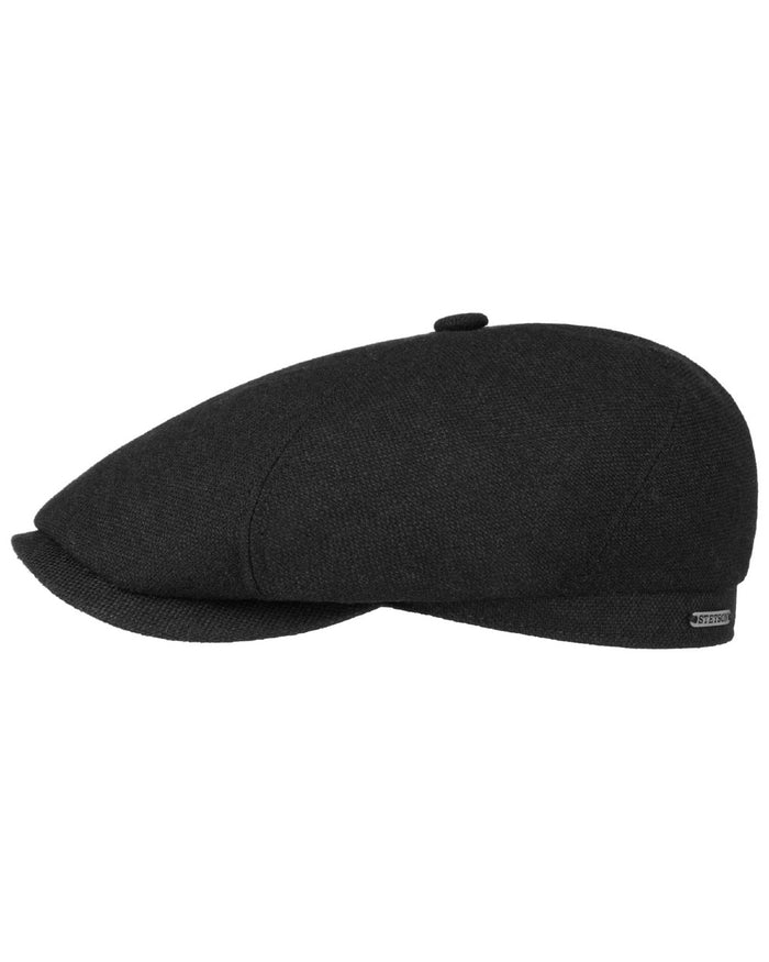 Black coloured Stetson Brooklin Wool Cashmere Flat Cap on white background #colour_black