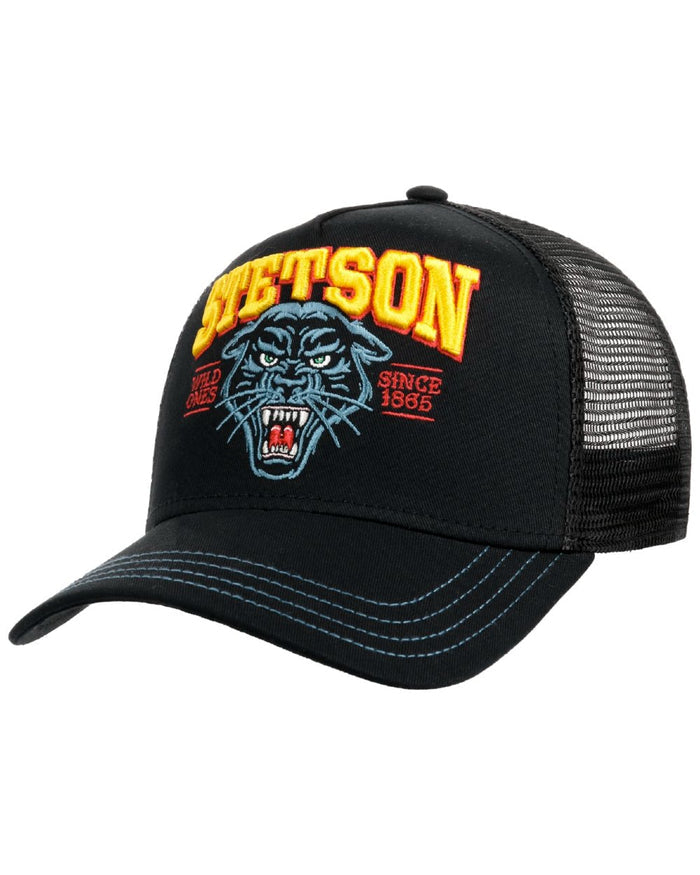 Black coloured Stetson Wild Ones Trucker Cap on white background #colour_black