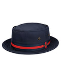 Navy Coloured Stetson Classic Band Pork Pie Cloth Hat on white background #colour_navy
