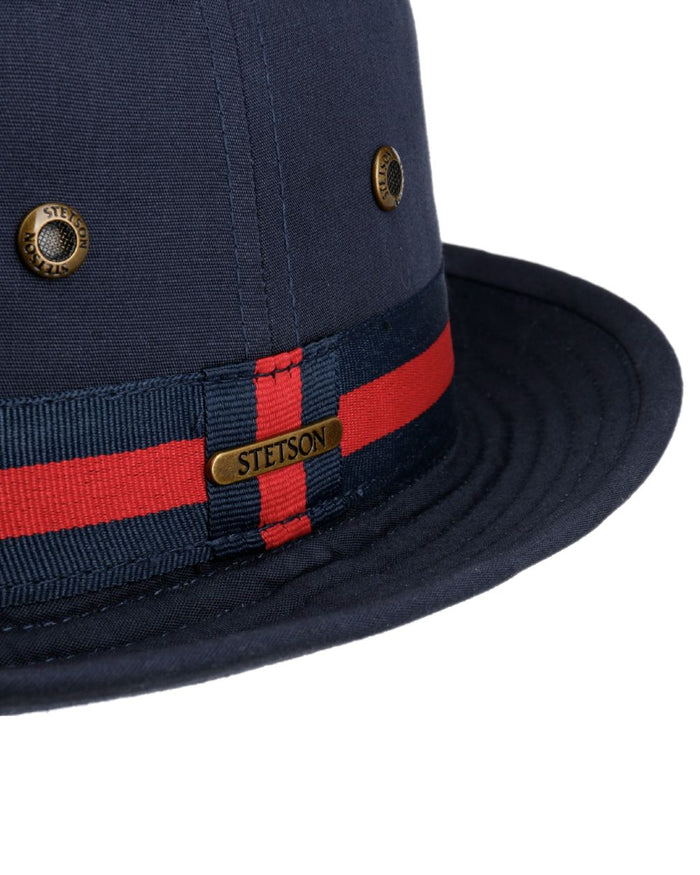 Navy Coloured Stetson Classic Band Pork Pie Cloth Hat on white background #colour_navy