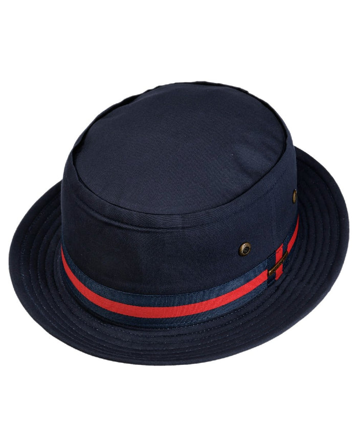 Navy Coloured Stetson Classic Band Pork Pie Cloth Hat on white background #colour_navy