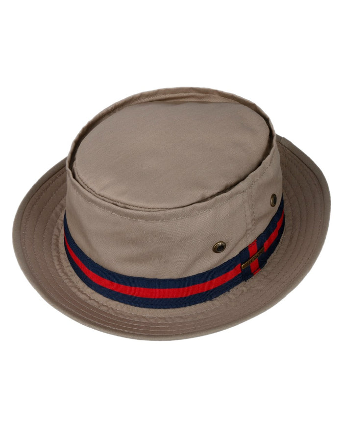 Beige Coloured Stetson Classic Band Pork Pie Cloth Hat on white background #colour_beige