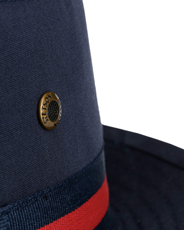 Navy Coloured Stetson Classic Band Pork Pie Cloth Hat on white background #colour_navy