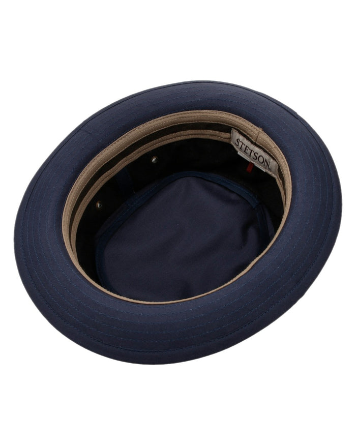 Navy Coloured Stetson Classic Band Pork Pie Cloth Hat on white background #colour_navy