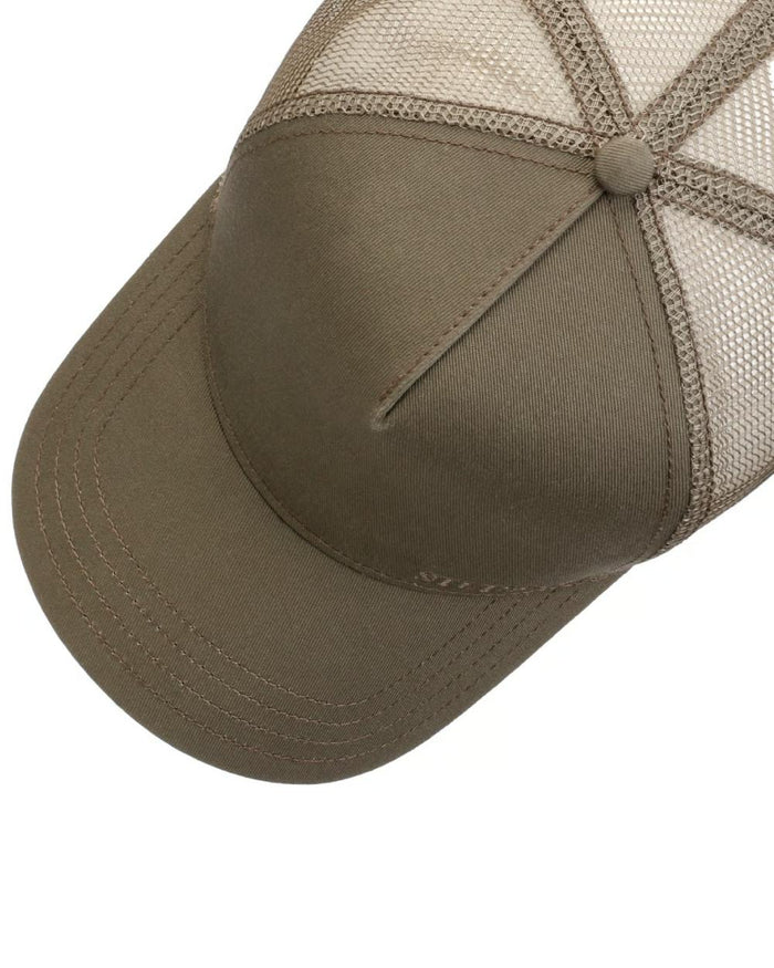 Olive coloured Stetson Classic Cotton Trucker Cap on white background #colour_olive