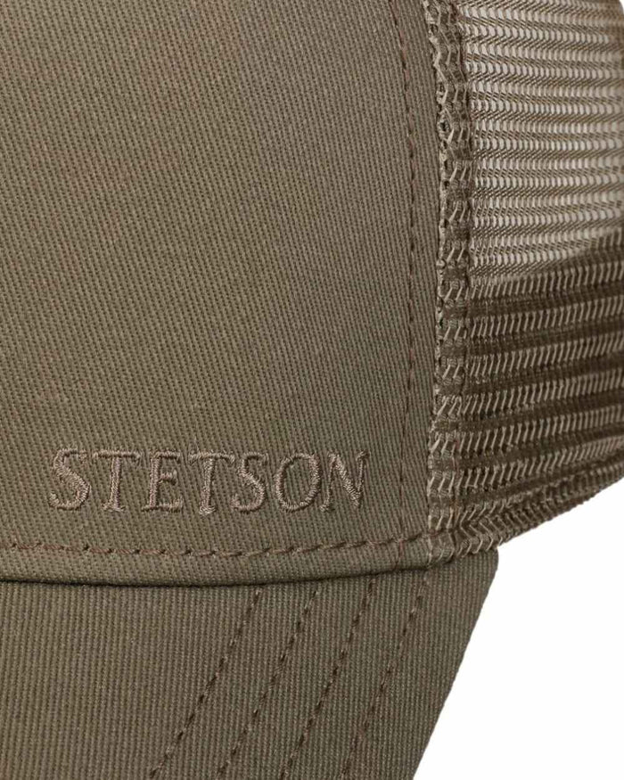 Olive coloured Stetson Classic Cotton Trucker Cap on white background #colour_olive