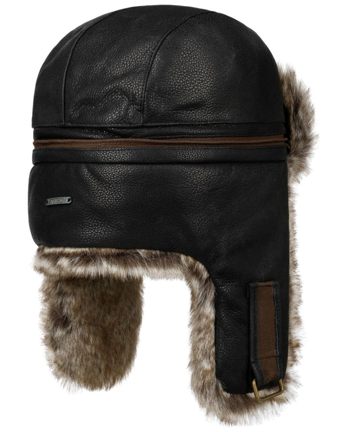 Black Coloured Stetson Cowhide Bomber Aviator Hat On A White Background #colour_black