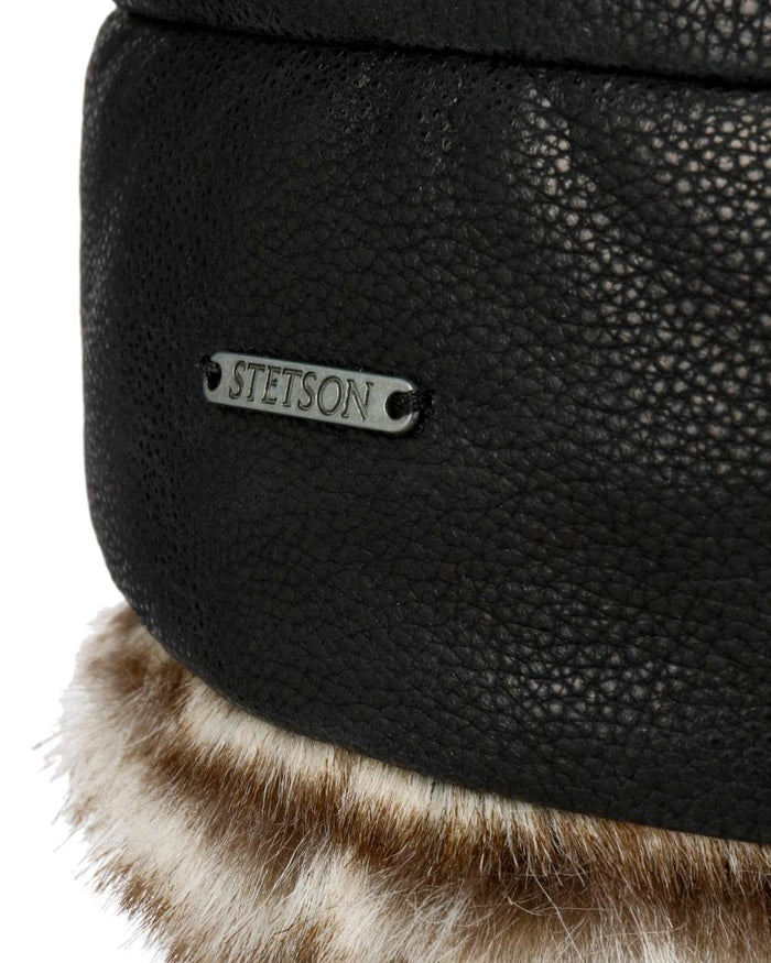 Black Coloured Stetson Cowhide Bomber Aviator Hat On A White Background #colour_black