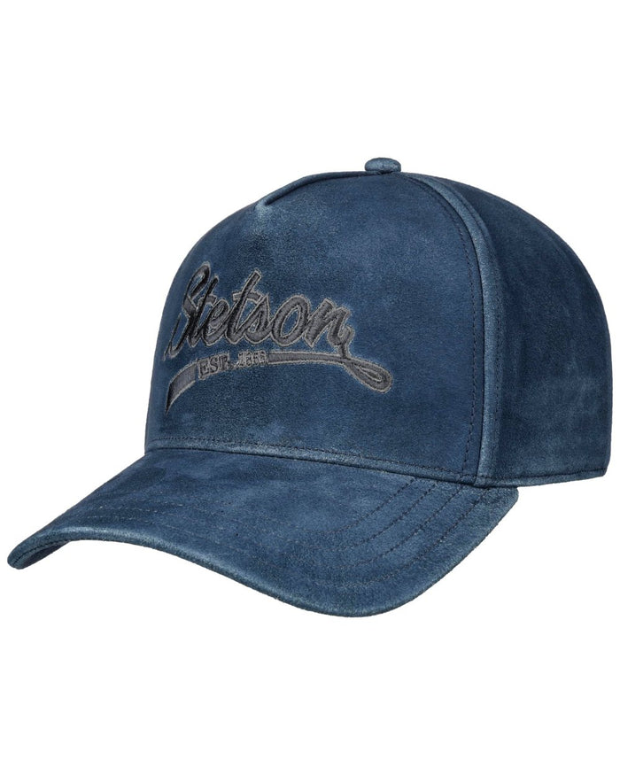 Denim Blue coloured Stetson Denim Leather Trucker Cap on white background #colour_denim-blue