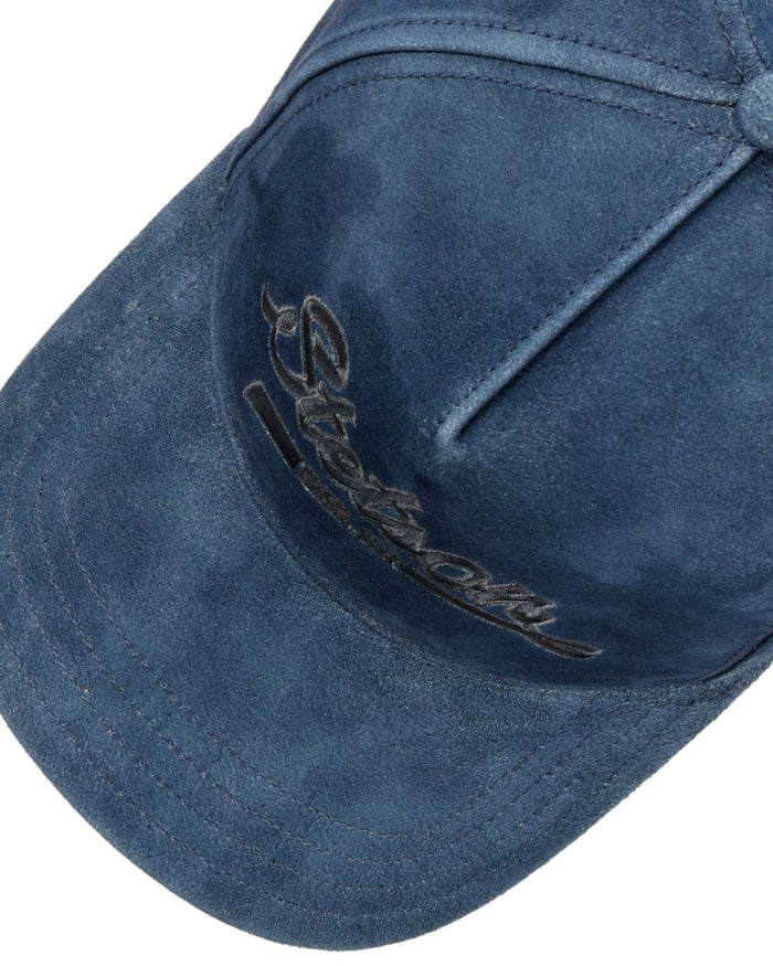 Denim Blue coloured Stetson Denim Leather Trucker Cap on white background #colour_denim-blue